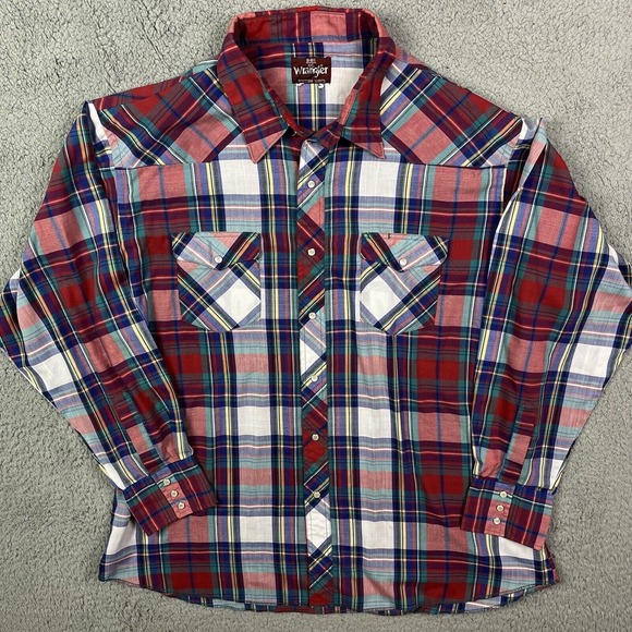Wrangler Western Shirt Mens Size XXL Pearl Snap Long Sleeve Multicolor Red Plaid - Picture 2 of 7